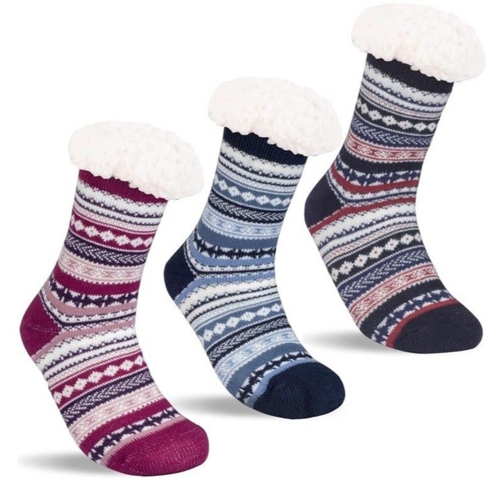 Fuzzy Fluffy Slipper Socks, 3 Pairs Womens Sherpa Non One Size Fair Isle Style